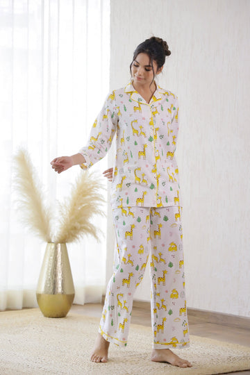 White Animal Printed Cotton Night Suit | Co-Ord Set | Shop stylish women's clothing online at Label Flavia |