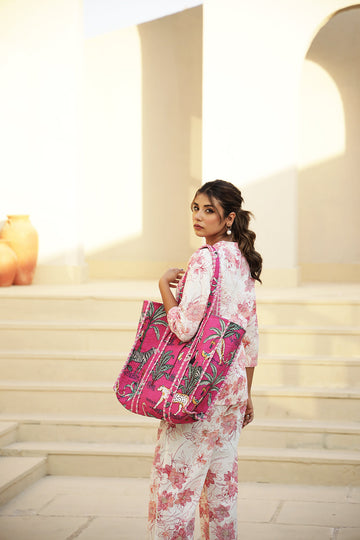 Handcrafted Jungle-Print Pink Tote Bag for Indian Women – Eco-Friendly, Spacious & Stylish