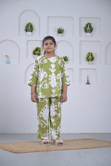 Olive Ikat Print Girl’s Coord Set – Olive & White