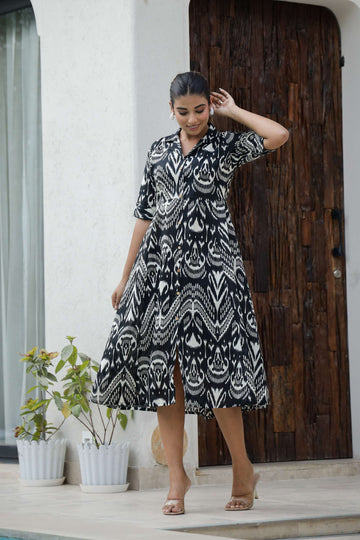 Black & White Ikat Cotton Shirt Dress – Bold Monochrome Flare