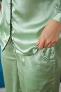Green Satin Night Suit - Button-Down Shirt & Trousers | Co-Ord Set | Shop stylish women's clothing online at Label Flavia |