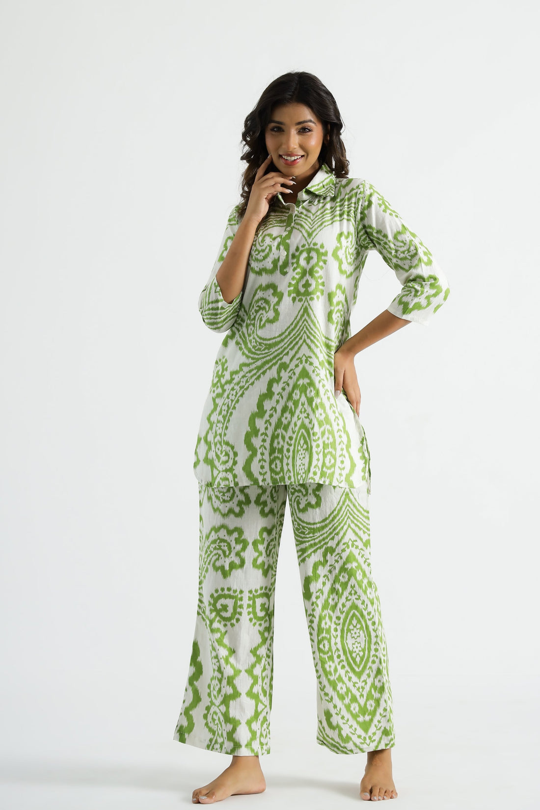Light Green Ehtnic Motif Collared Cotton Lounge Co-Ord Set with 3 button | Co-Ord Set | Shop stylish women's clothing online at Label Flavia |