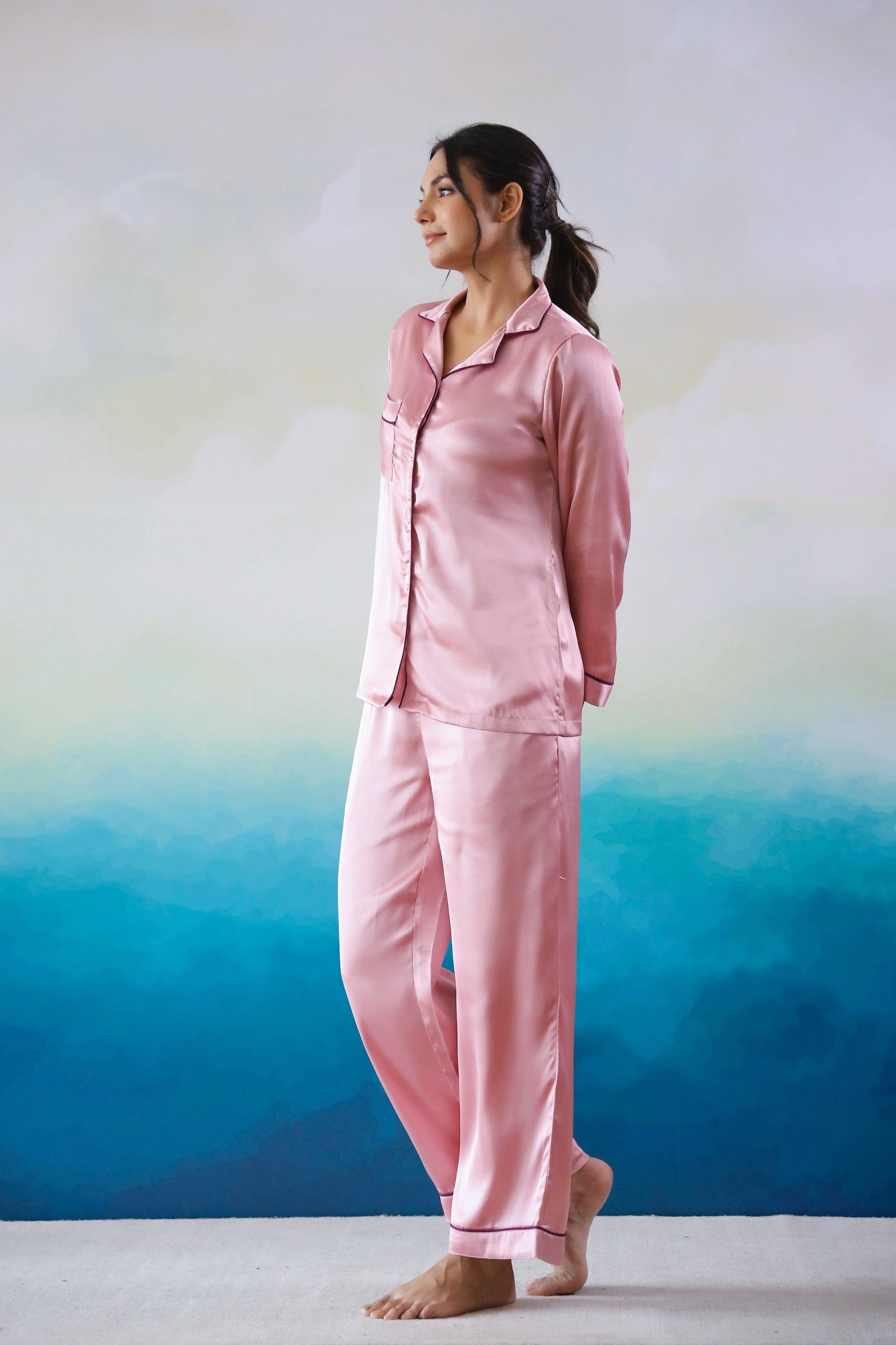 Pink Satin Night Suit - Button-Down Shirt & Trousers | Co-Ord Set | Shop stylish women's clothing online at Label Flavia |
