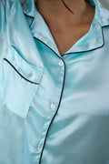 Sky Blue Satin Night Suit - Button-Down Shirt & Trousers | Co-Ord Set | Shop stylish women's clothing online at Label Flavia |