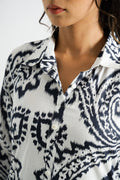 Black & White Ehtnic Motif Collared Cotton Lounge Co-Ord Set with 7 button | Co-Ord Set | Shop stylish women's clothing online at Label Flavia |