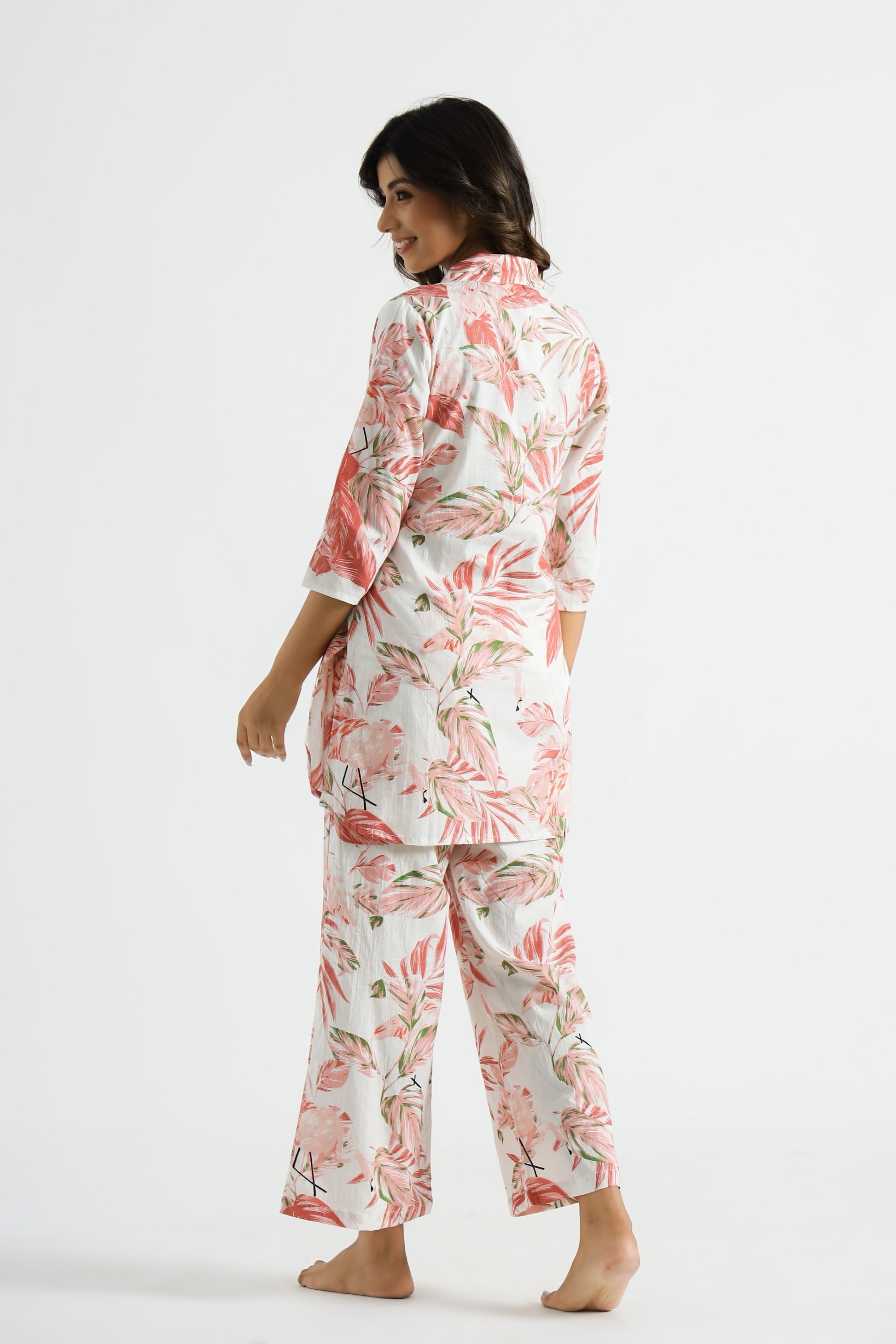 Pink Flamingo Collared Cotton Lounge Co-Ord Set with 7 button | Co-Ord Set | Shop stylish women's clothing online at Label Flavia |