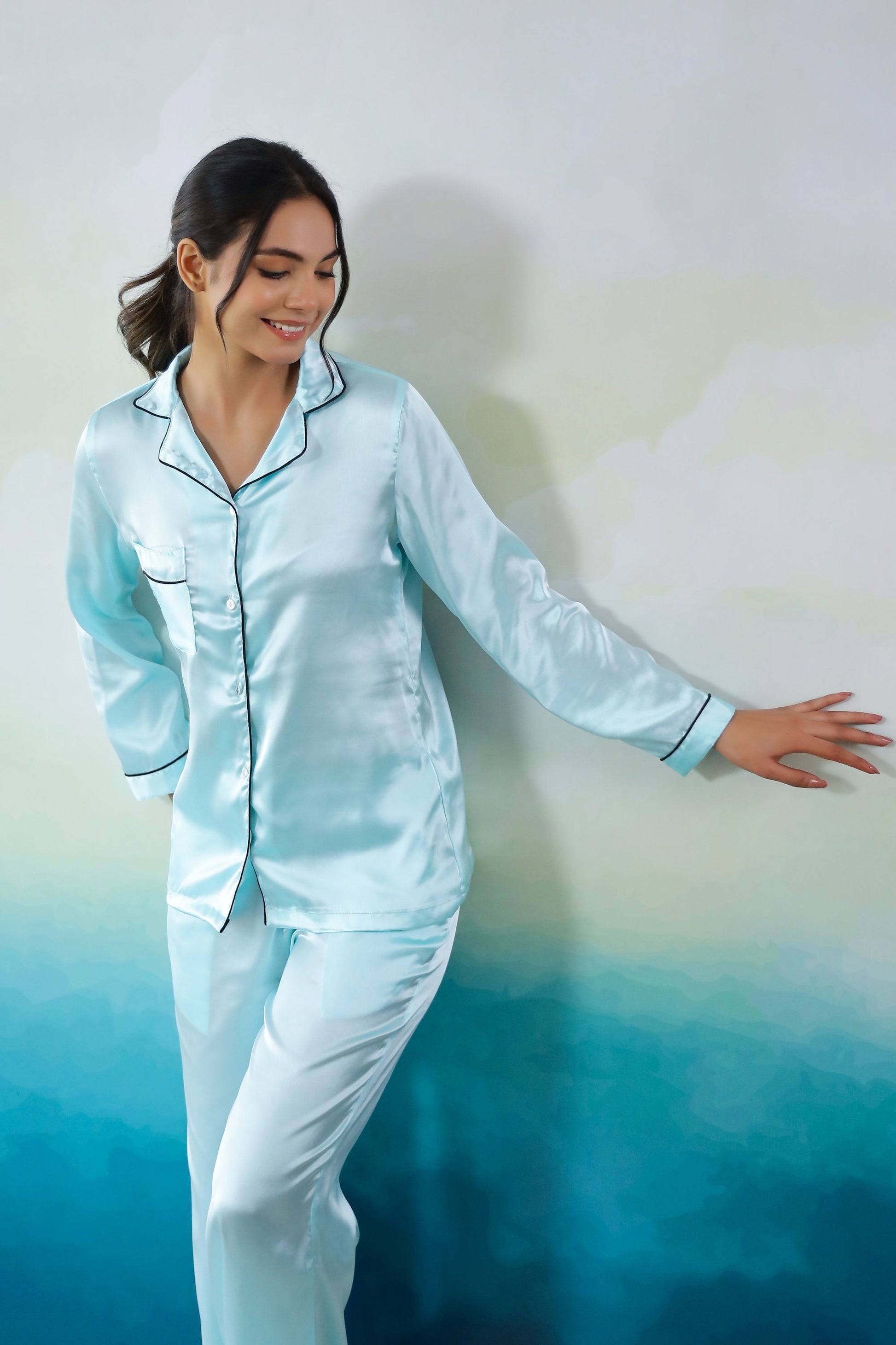 Sky Blue Satin Night Suit - Button-Down Shirt & Trousers | Co-Ord Set | Shop stylish women's clothing online at Label Flavia |