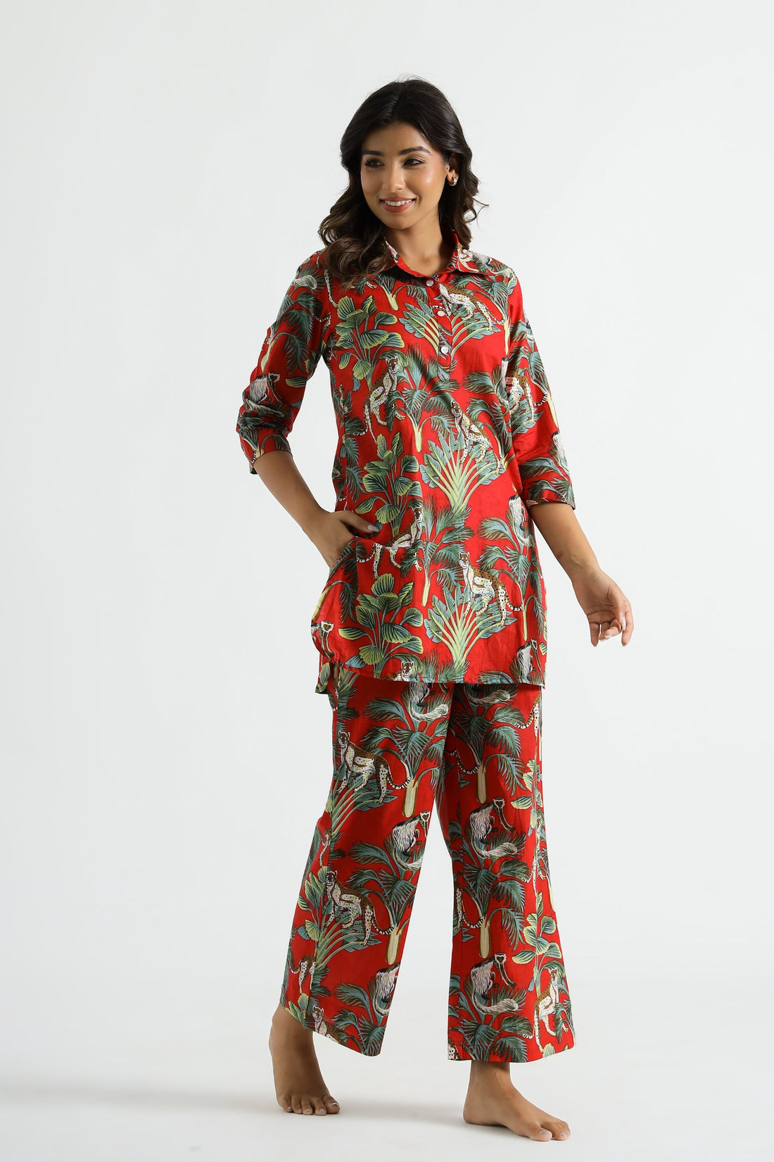 Dark Red Jungle Collared Cotton Lounge Co-Ord Set with 3 button | Co-Ord Set | Shop stylish women's clothing online at Label Flavia |