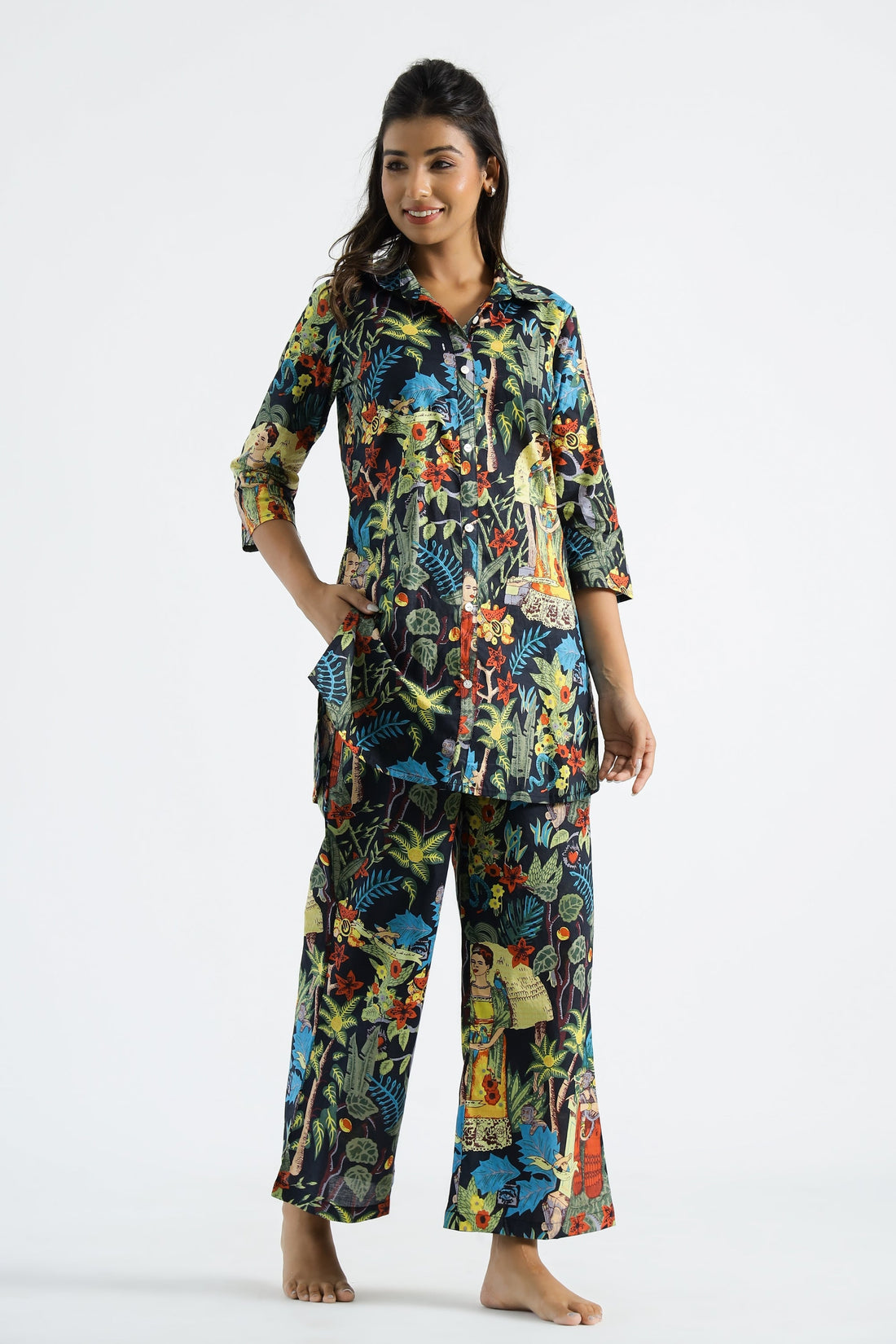 Lady In Jungle Black Collared Cotton Lounge Co-Ord Set with 7 button | Co-Ord Set | Shop stylish women's clothing online at Label Flavia |