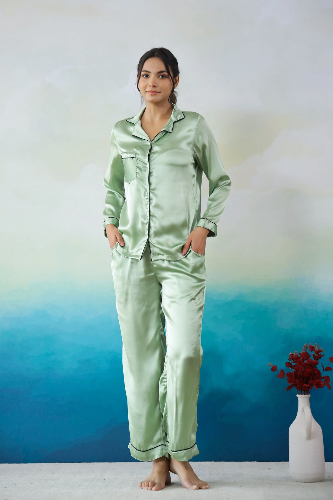 Green Satin Night Suit - Button-Down Shirt & Trousers | Co-Ord Set | Shop stylish women's clothing online at Label Flavia |