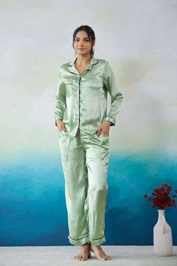 Green Satin Night Suit - Button-Down Shirt & Trousers | Co-Ord Set | Shop stylish women's clothing online at Label Flavia |