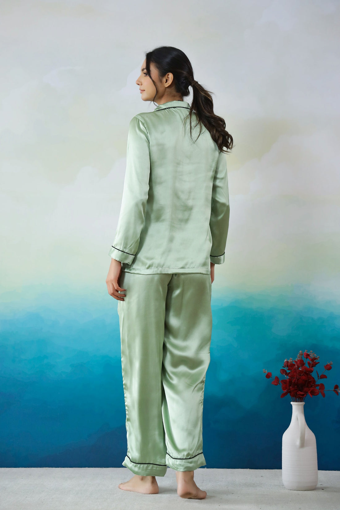Green Satin Night Suit - Button-Down Shirt & Trousers | Co-Ord Set | Shop stylish women's clothing online at Label Flavia |