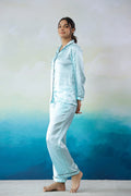 Sky Blue Satin Night Suit - Button-Down Shirt & Trousers | Co-Ord Set | Shop stylish women's clothing online at Label Flavia |