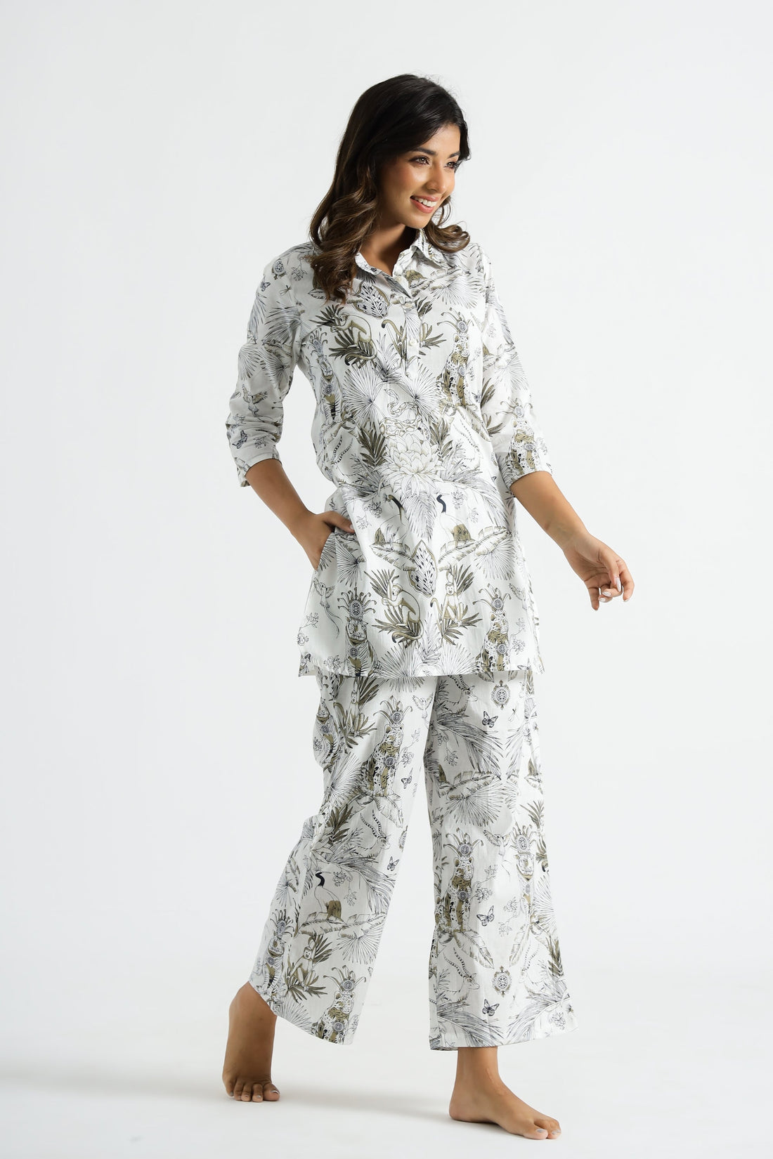 White & Gold Jungle Collared Cotton Lounge Co-Ord Set with 3 button | Co-Ord Set | Shop stylish women's clothing online at Label Flavia |