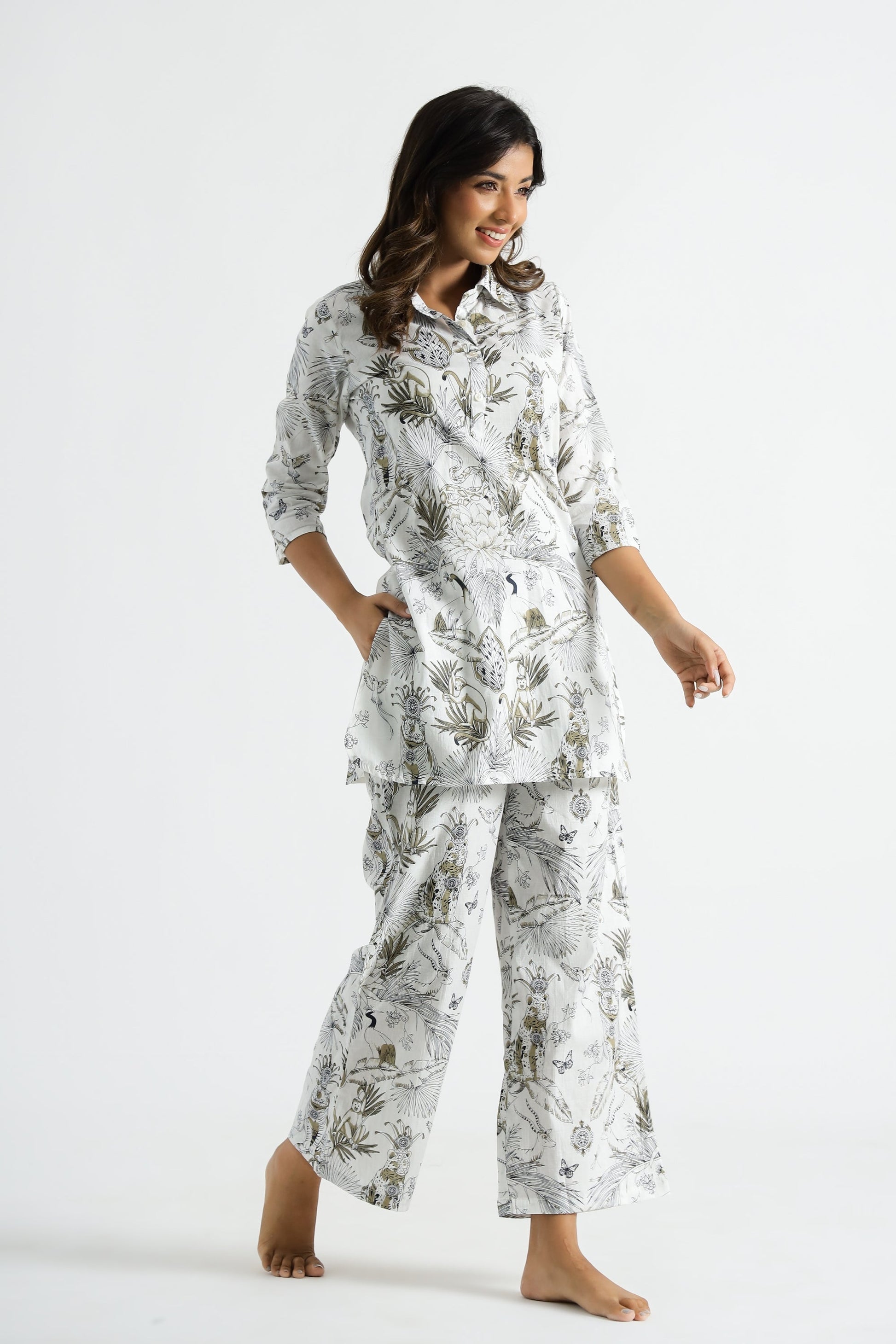 White & Gold Jungle Collared Cotton Lounge Co-Ord Set with 3 button | Co-Ord Set | Shop stylish women's clothing online at Label Flavia |
