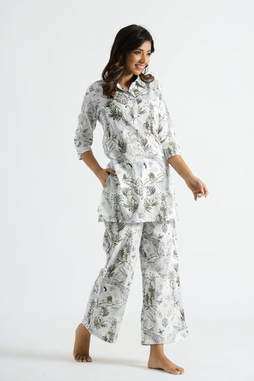 White & Gold Jungle Collared Cotton Lounge Co-Ord Set with 3 button | Co-Ord Set | Shop stylish women's clothing online at Label Flavia |