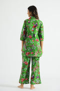 Parrot Green Chirping Birds Collared Cotton Lounge Co-Ord Set with 3 button | Co-Ord Set | Shop stylish women's clothing online at Label Flavia |