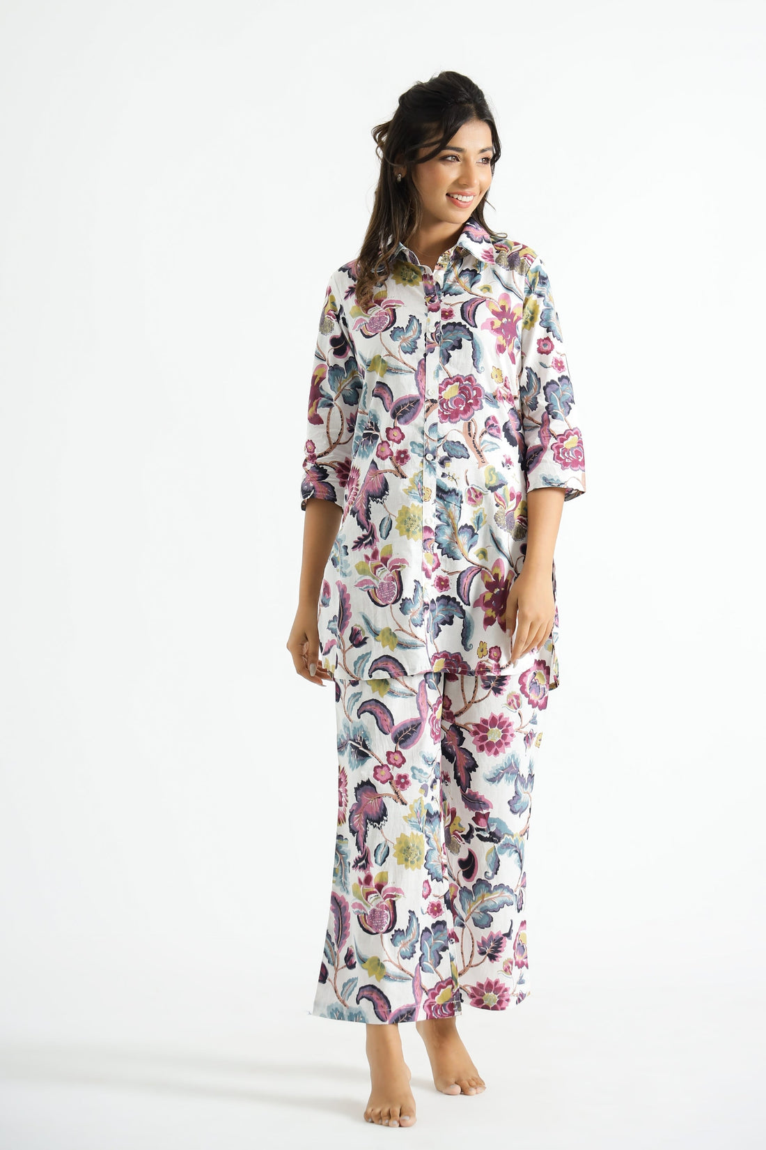 Purple White Floral Collared Cotton Lounge Co-Ord Set with 7 button | Co-Ord Set | Shop stylish women's clothing online at Label Flavia |