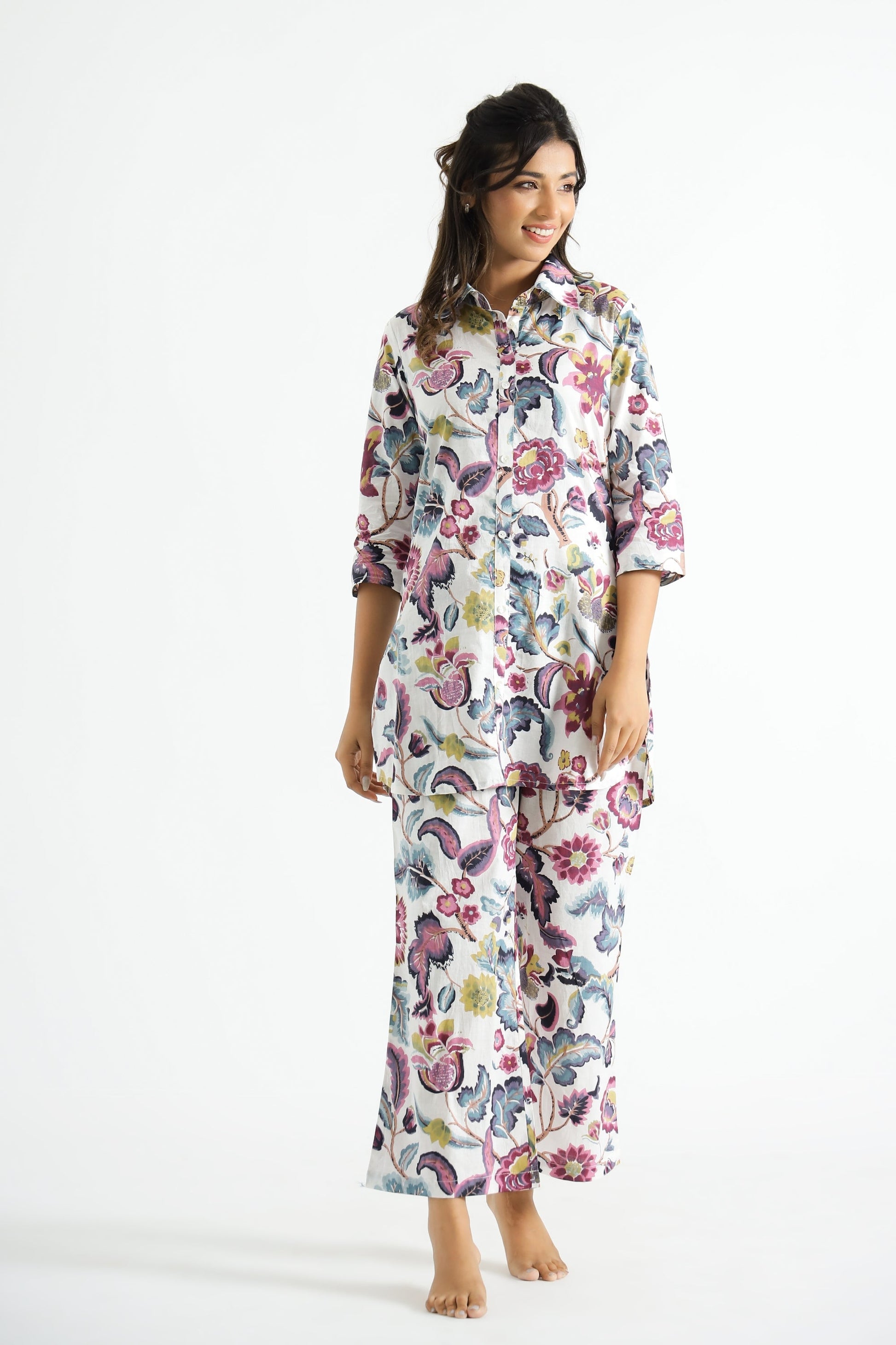 Purple White Floral Collared Cotton Lounge Co-Ord Set with 7 button | Co-Ord Set | Shop stylish women's clothing online at Label Flavia |