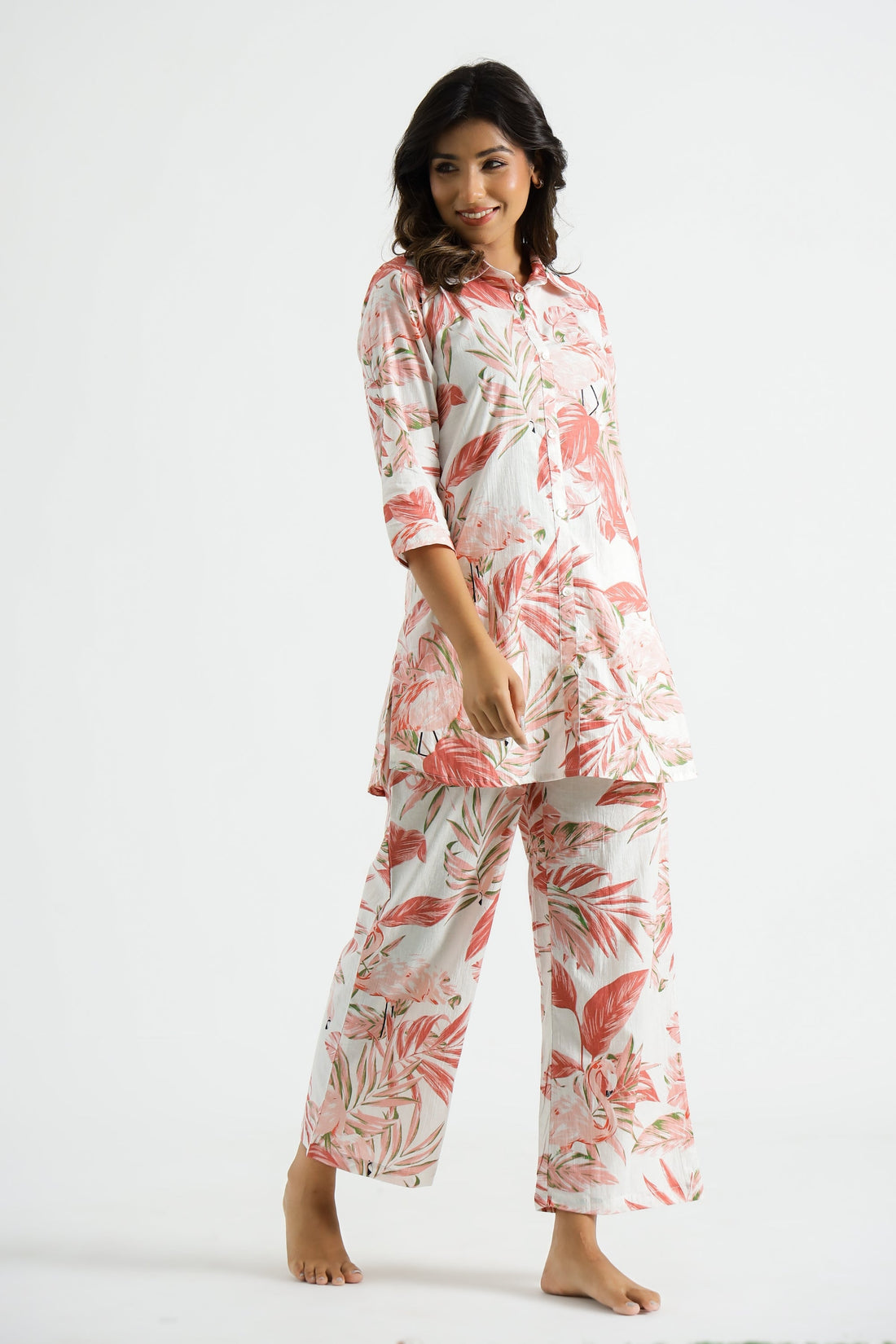 Pink Flamingo Collared Cotton Lounge Co-Ord Set with 7 button | Co-Ord Set | Shop stylish women's clothing online at Label Flavia |