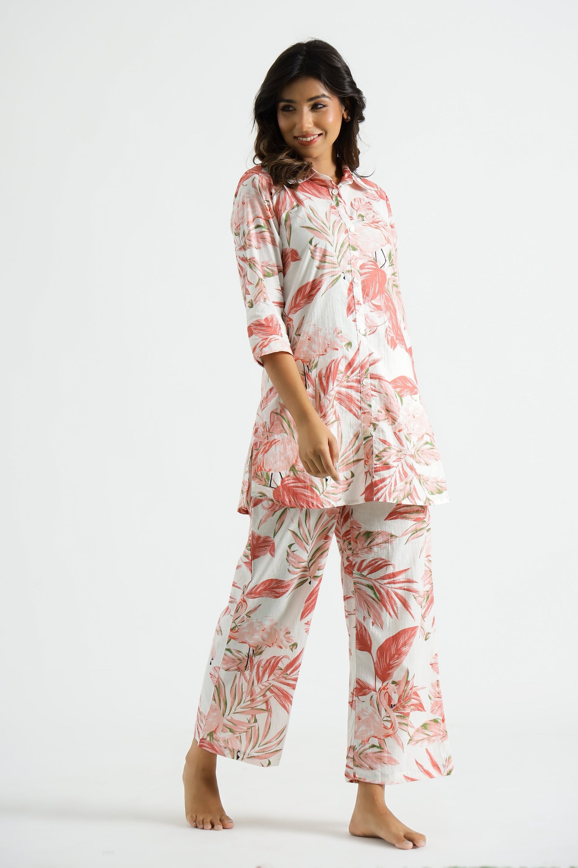 Pink Flamingo Collared Cotton Lounge Co-Ord Set with 7 button | Co-Ord Set | Shop stylish women's clothing online at Label Flavia |