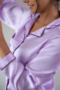 Lavender Satin Night Suit - Button-Down Shirt & Trousers | Co-Ord Set | Shop stylish women's clothing online at Label Flavia |