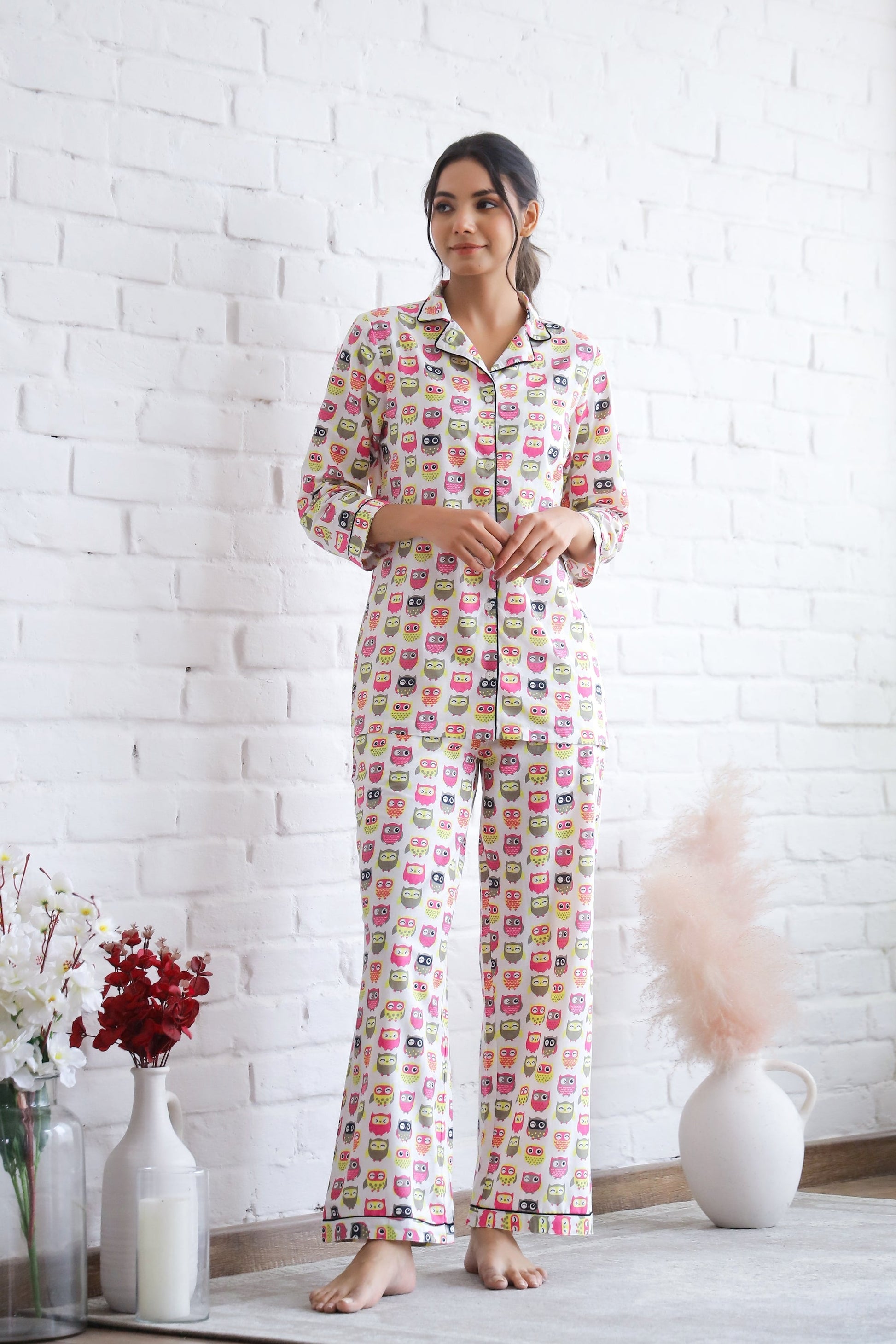 Owl Printed Cotton Night Suit | Co-Ord Set | Shop stylish women's clothing online at Label Flavia |
