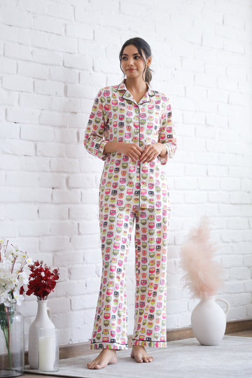 Owl Printed Cotton Night Suit | Co-Ord Set | Shop stylish women's clothing online at Label Flavia |