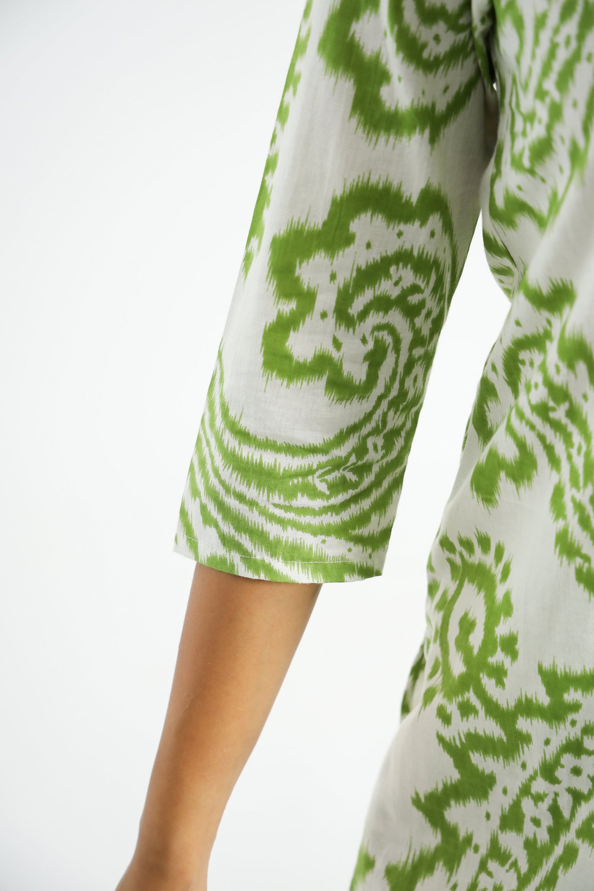 Light Green Ehtnic Motif Collared Cotton Lounge Co-Ord Set with 3 button | Co-Ord Set | Shop stylish women's clothing online at Label Flavia |