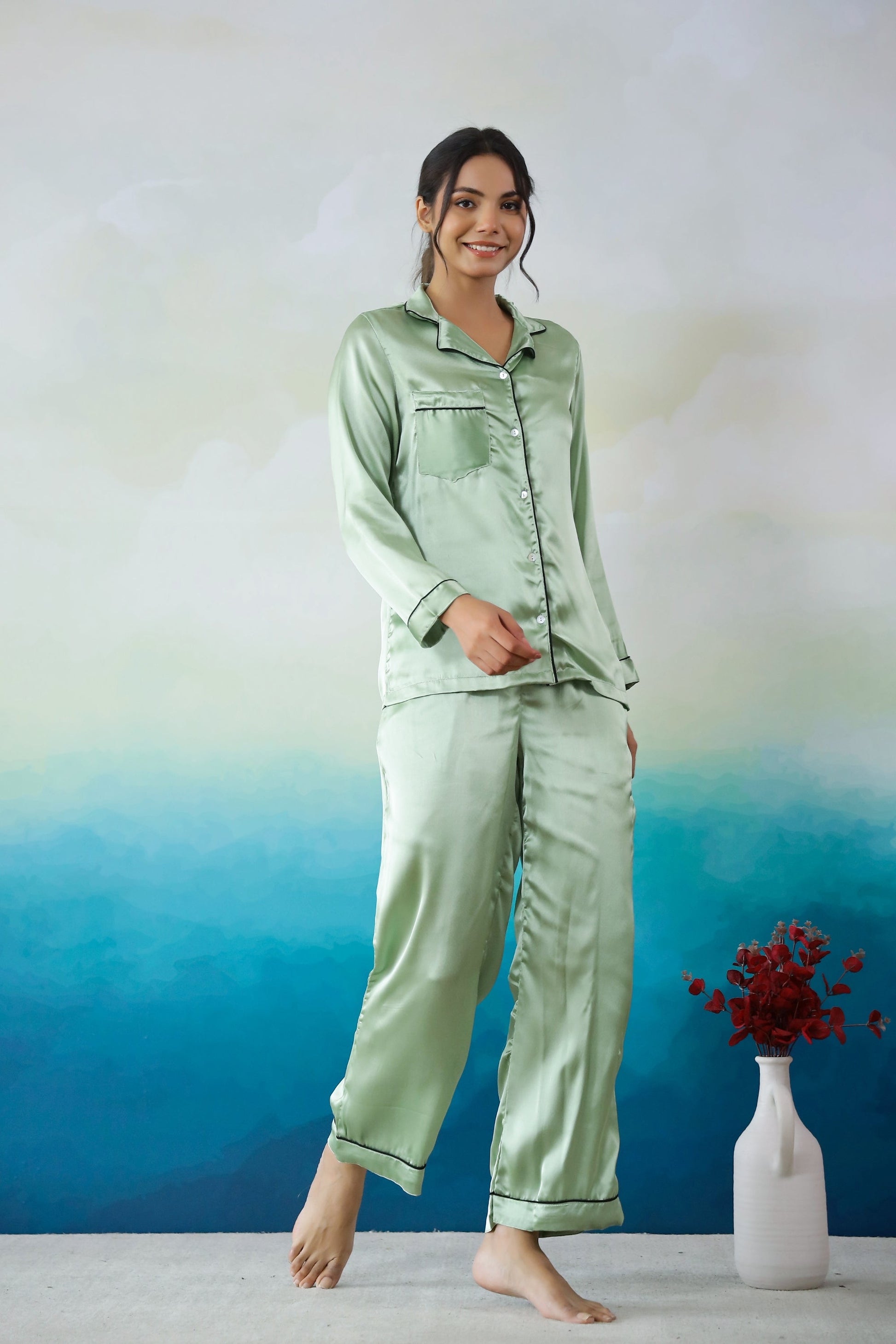 Green Satin Night Suit - Button-Down Shirt & Trousers | Co-Ord Set | Shop stylish women's clothing online at Label Flavia |