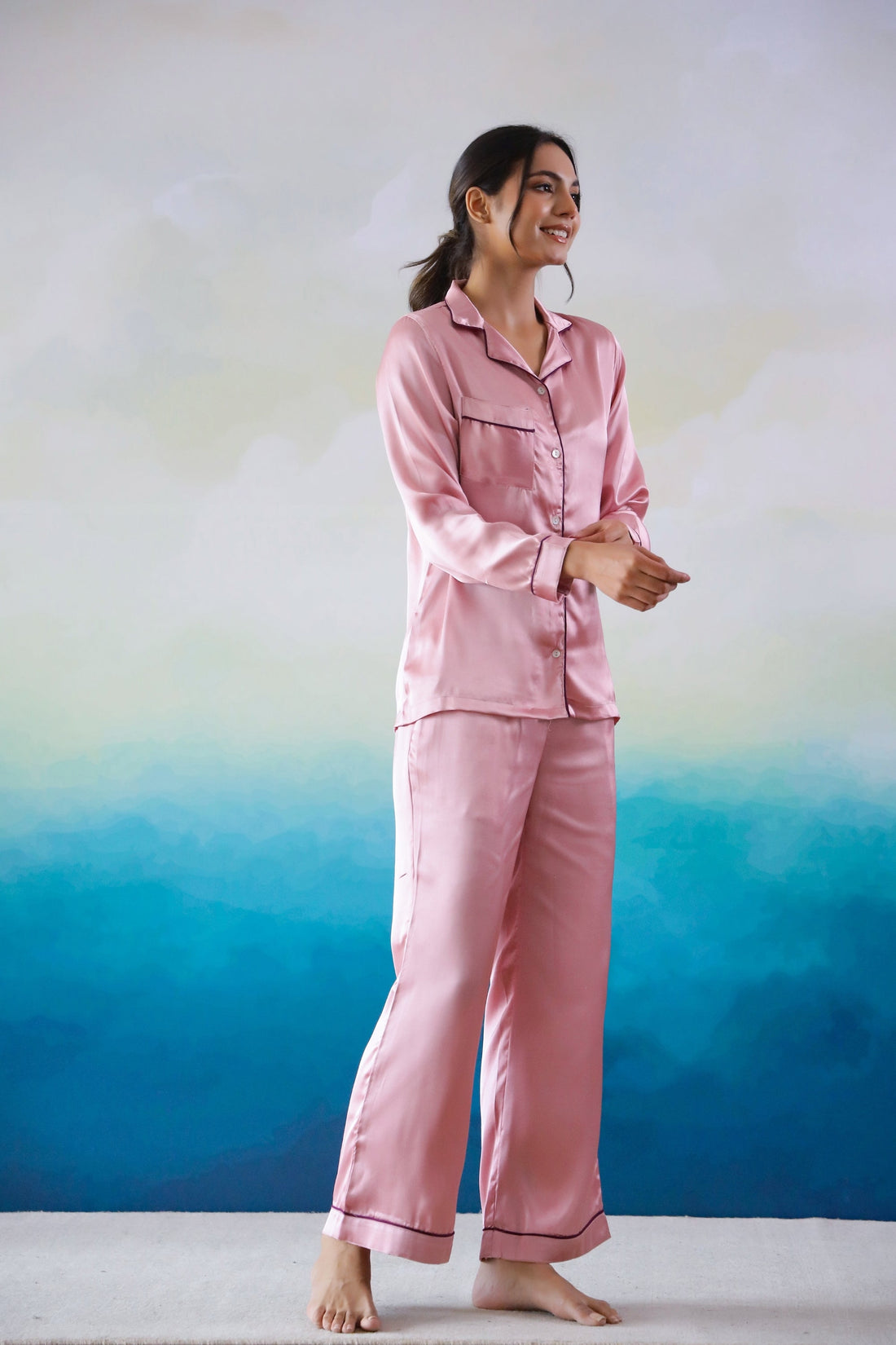 Pink Satin Night Suit - Button-Down Shirt & Trousers | Co-Ord Set | Shop stylish women's clothing online at Label Flavia |