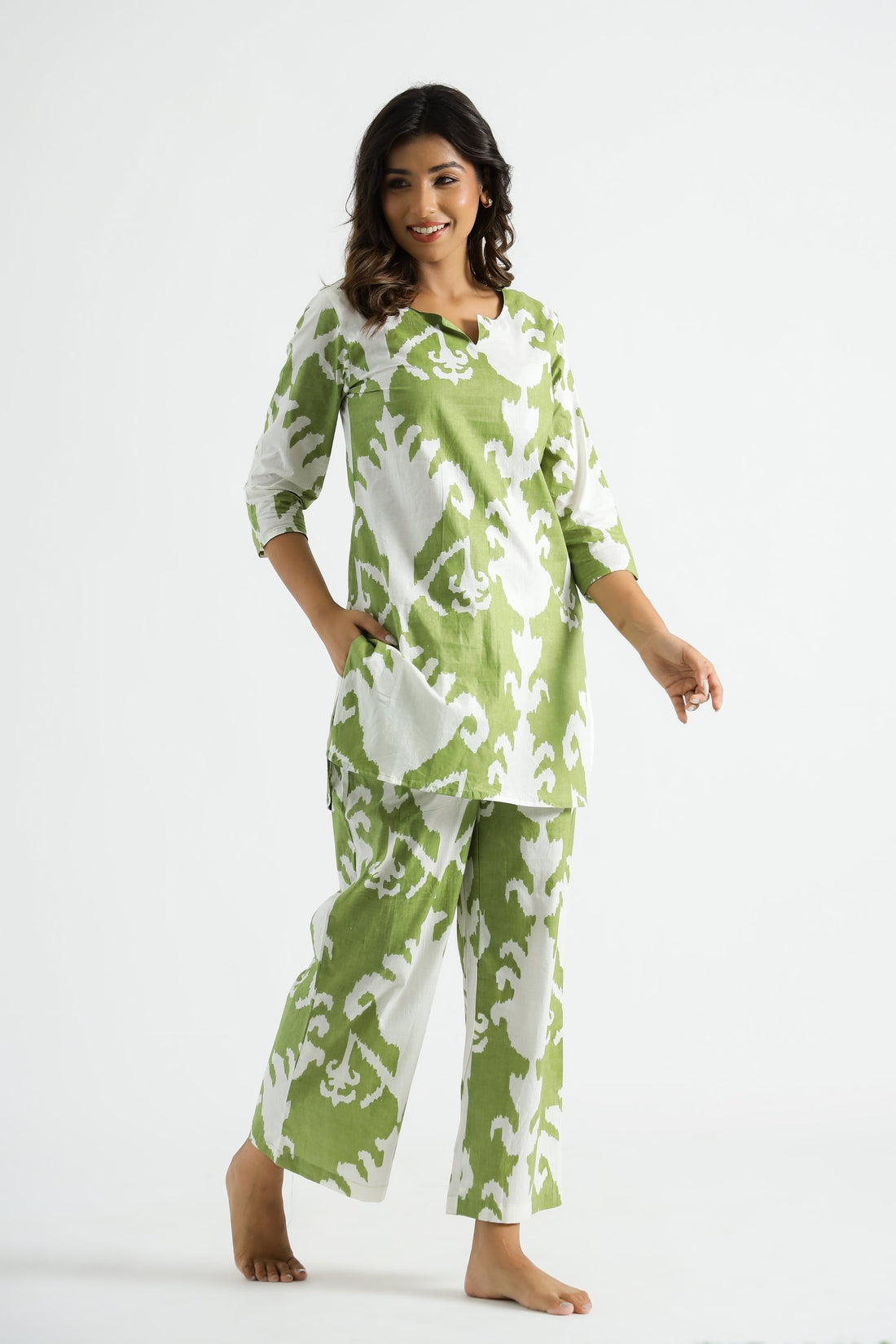 Green Ikat Cotton Co-ord Set - Top & Trousers | Co-Ord Set | Shop stylish women's clothing online at Label Flavia |