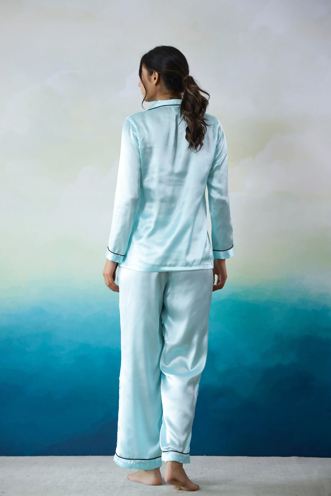 Sky Blue Satin Night Suit - Button-Down Shirt & Trousers | Co-Ord Set | Shop stylish women's clothing online at Label Flavia |