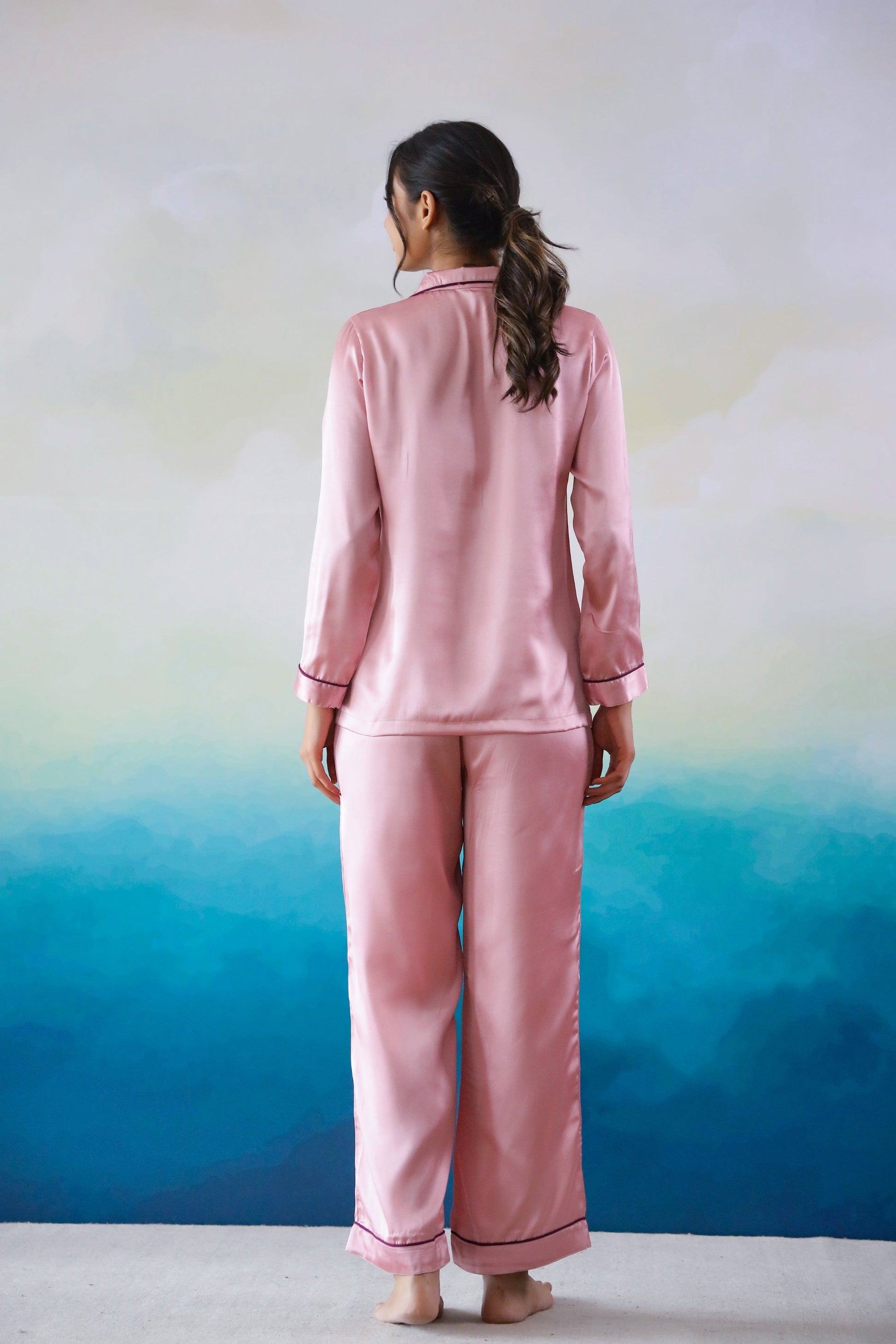 Pink Satin Night Suit - Button-Down Shirt & Trousers | Co-Ord Set | Shop stylish women's clothing online at Label Flavia |