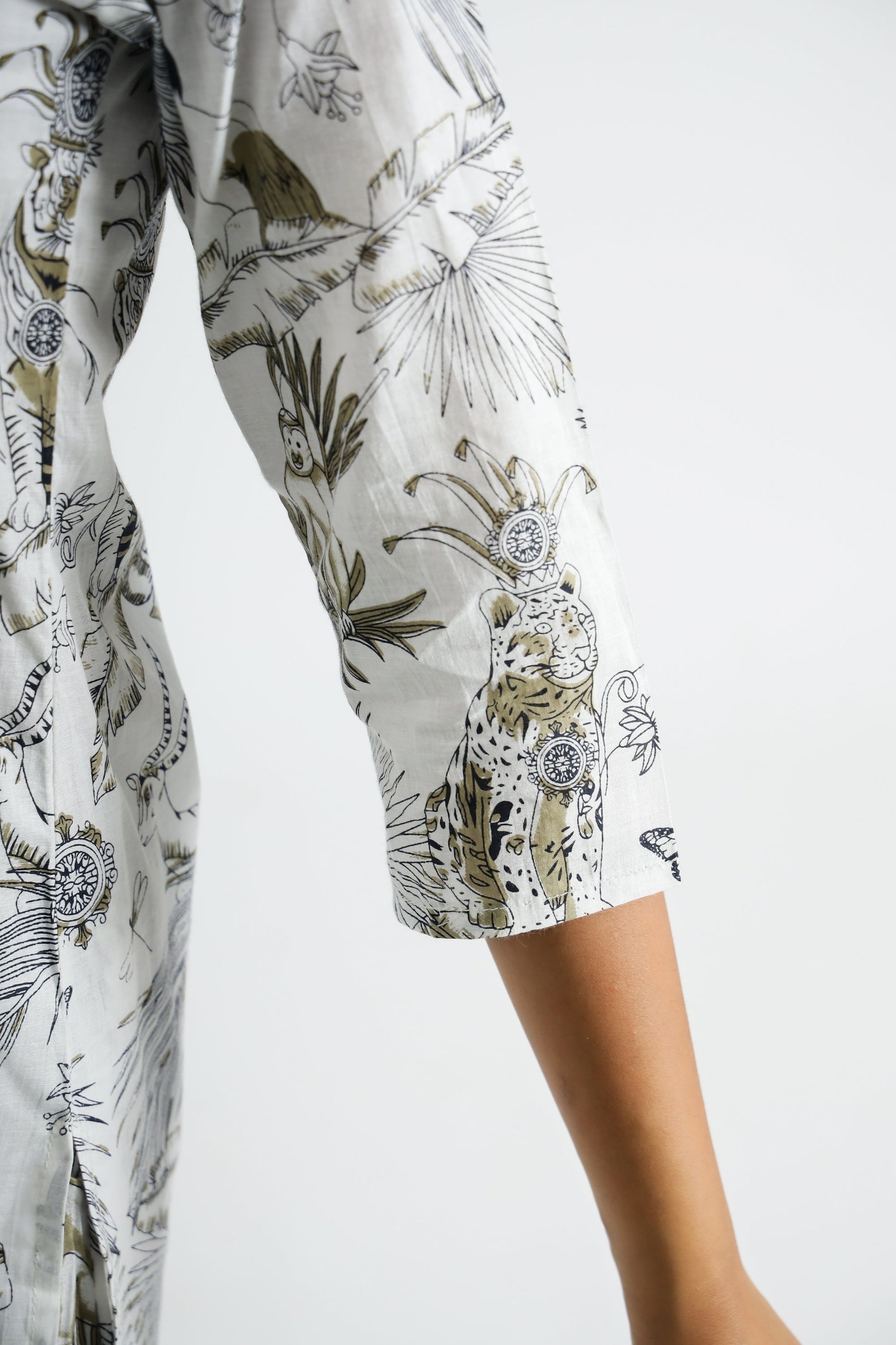 White & Gold Jungle Collared Cotton Lounge Co-Ord Set with 3 button | Co-Ord Set | Shop stylish women's clothing online at Label Flavia |