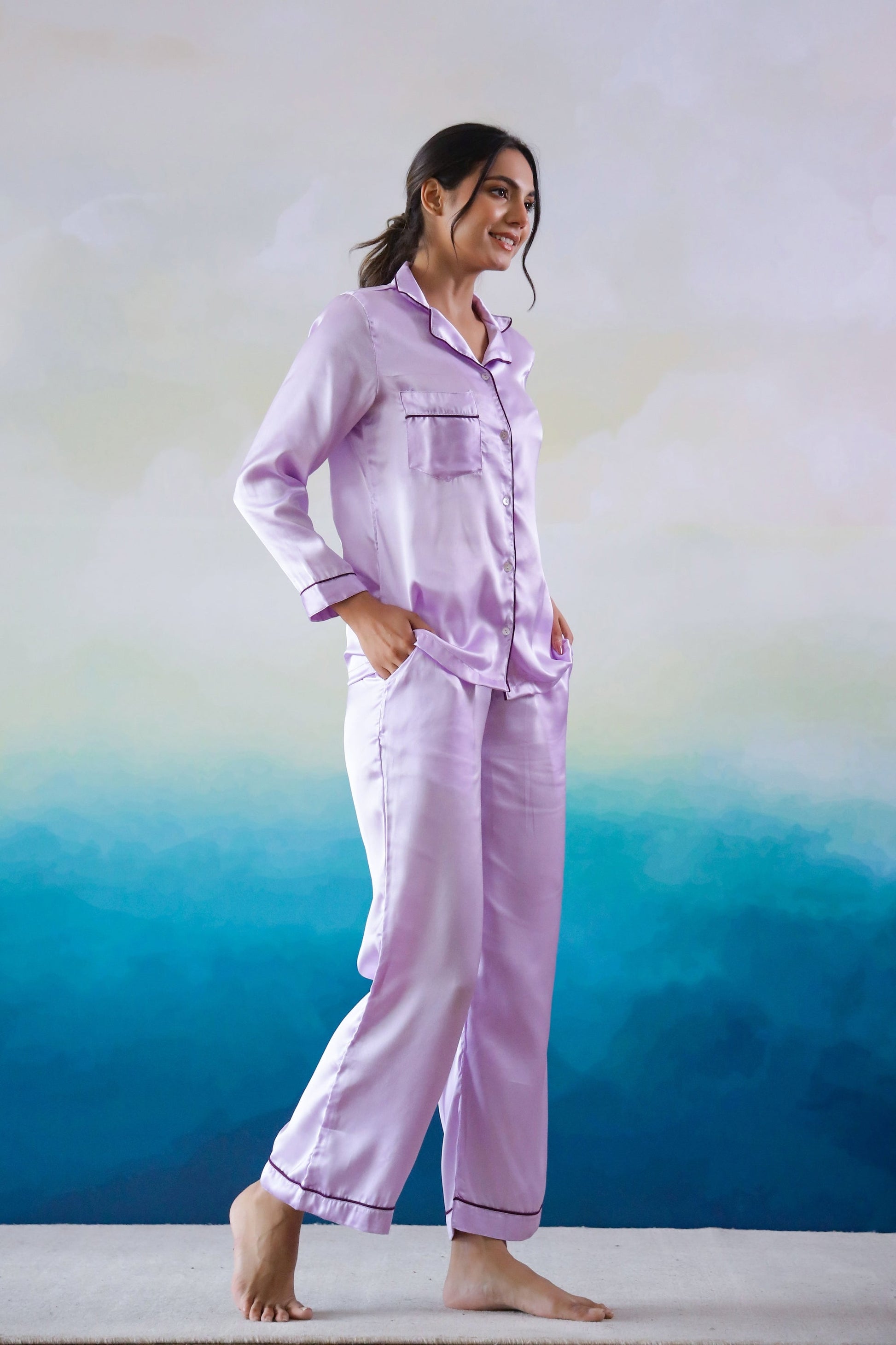 Lavender Satin Night Suit - Button-Down Shirt & Trousers | Co-Ord Set | Shop stylish women's clothing online at Label Flavia |