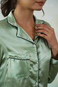 Green Satin Night Suit - Button-Down Shirt & Trousers | Co-Ord Set | Shop stylish women's clothing online at Label Flavia |
