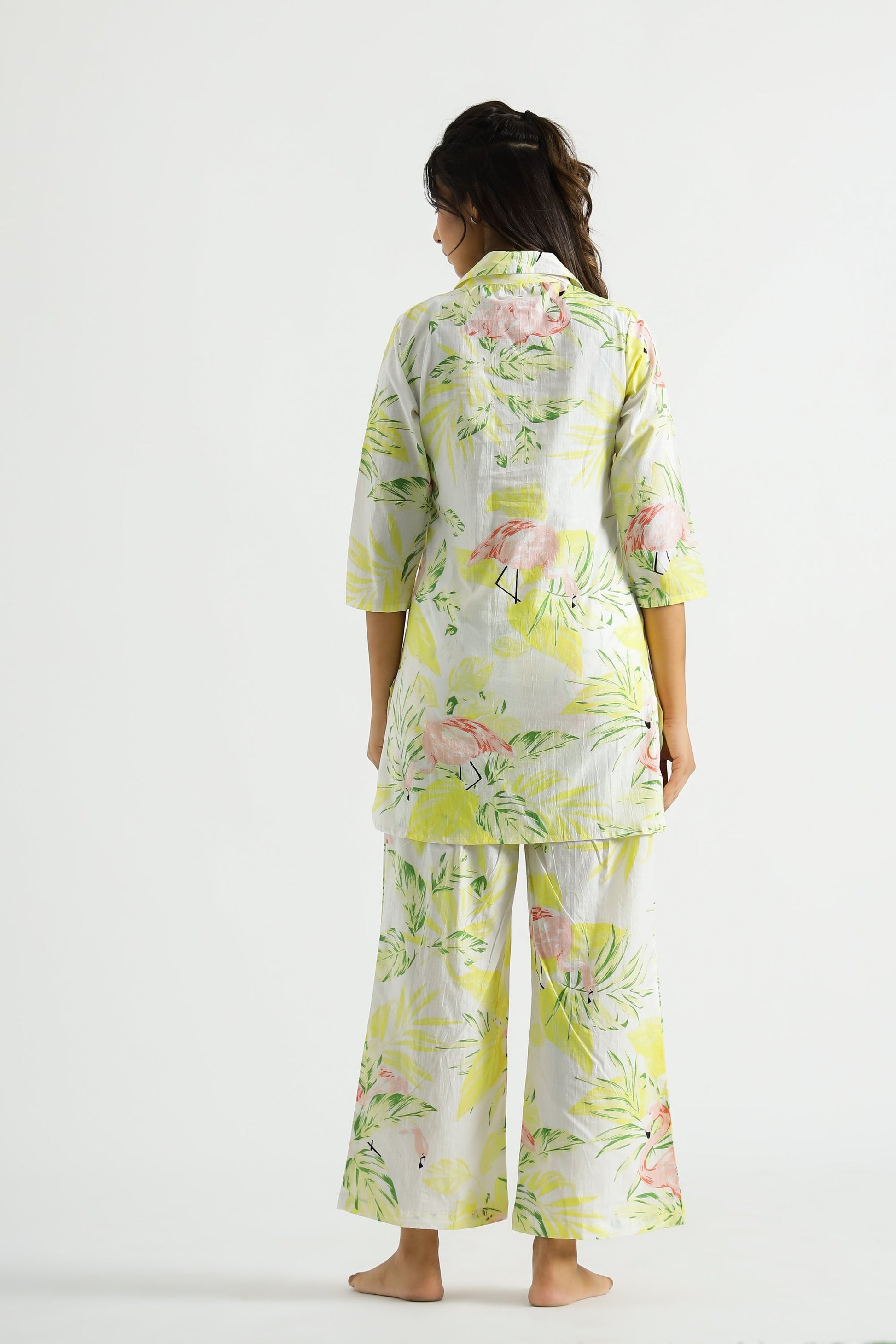 Lime Flamingo Collared Cotton Lounge Co-Ord Set with 3 button | Co-Ord Set | Shop stylish women's clothing online at Label Flavia |