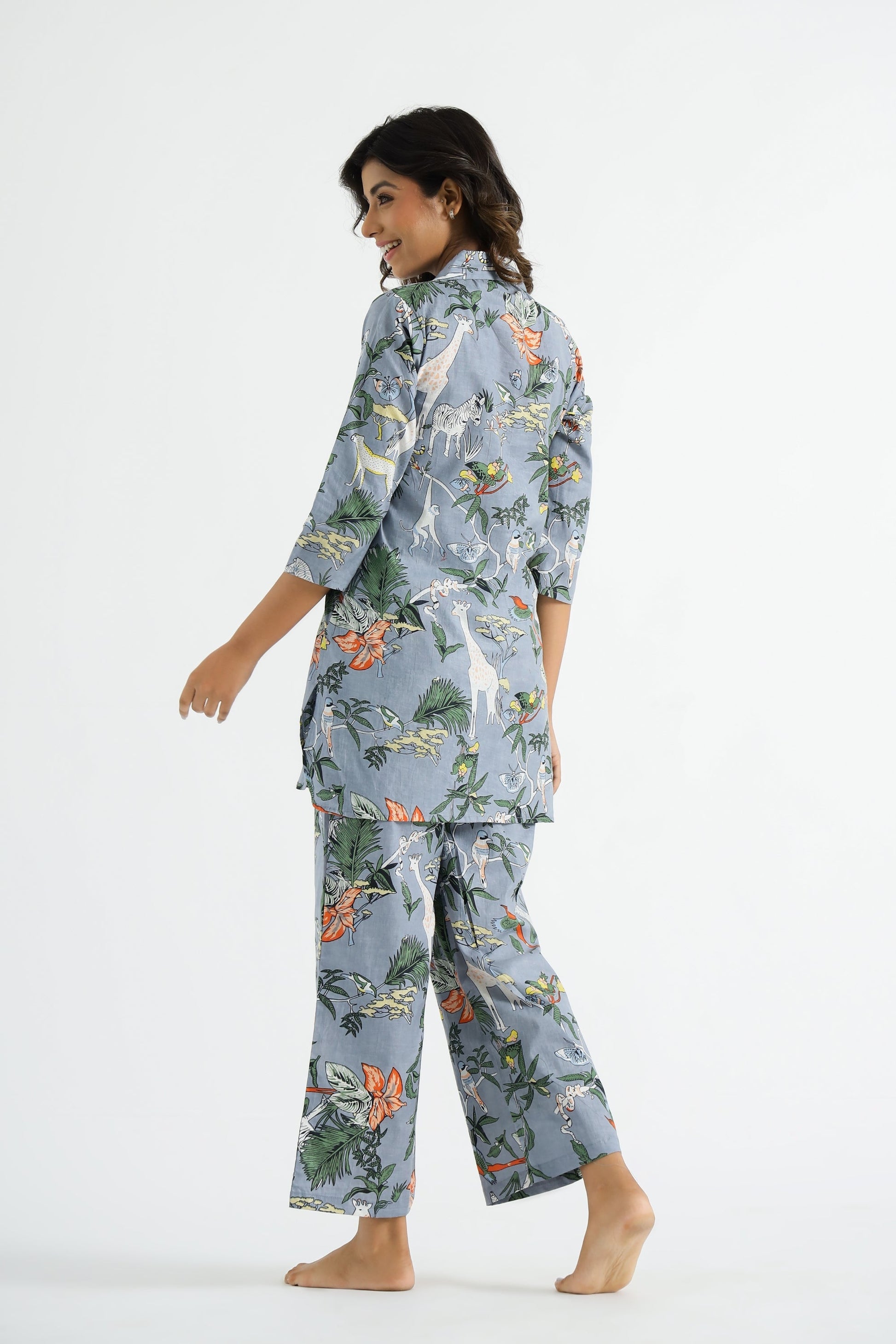 Grey Jungle Collared Cotton Lounge Co-Ord Set with 3 button | Co-Ord Set | Shop stylish women's clothing online at Label Flavia |