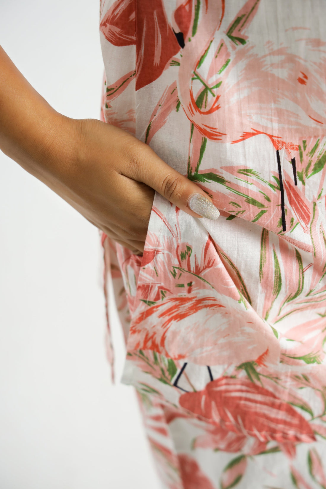 Pink Flamingo Collared Cotton Lounge Co-Ord Set with 7 button | Co-Ord Set | Shop stylish women's clothing online at Label Flavia |