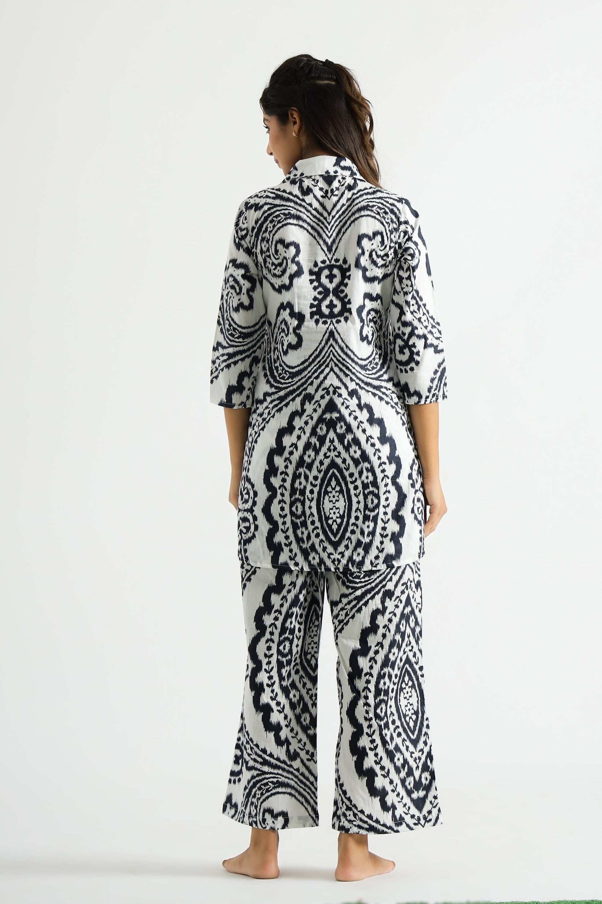 Black & White Ehtnic Motif Collared Cotton Lounge Co-Ord Set with 7 button | Co-Ord Set | Shop stylish women's clothing online at Label Flavia |
