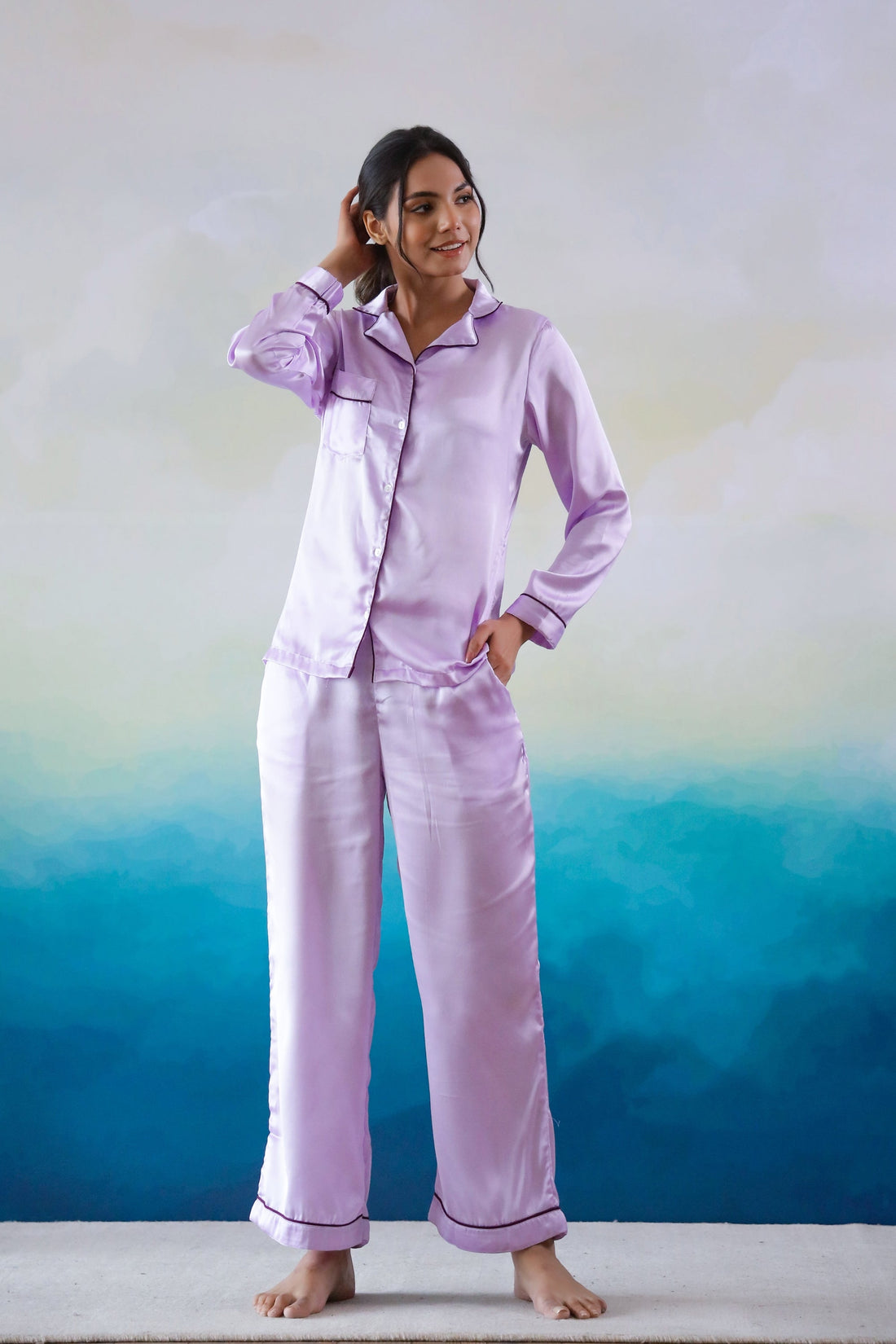 Lavender Satin Night Suit - Button-Down Shirt & Trousers | Co-Ord Set | Shop stylish women's clothing online at Label Flavia |