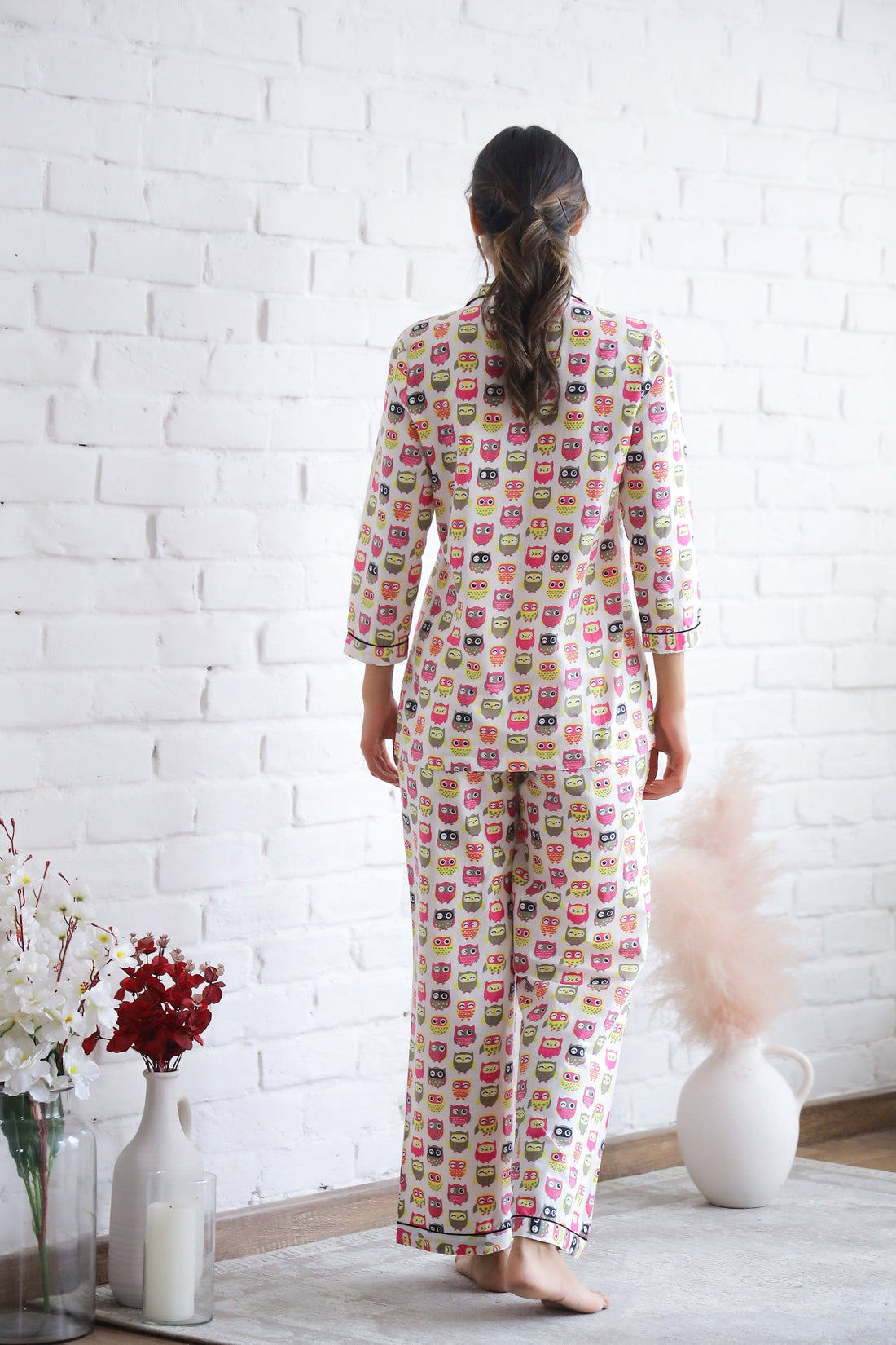 Owl Printed Cotton Night Suit | Co-Ord Set | Shop stylish women's clothing online at Label Flavia |