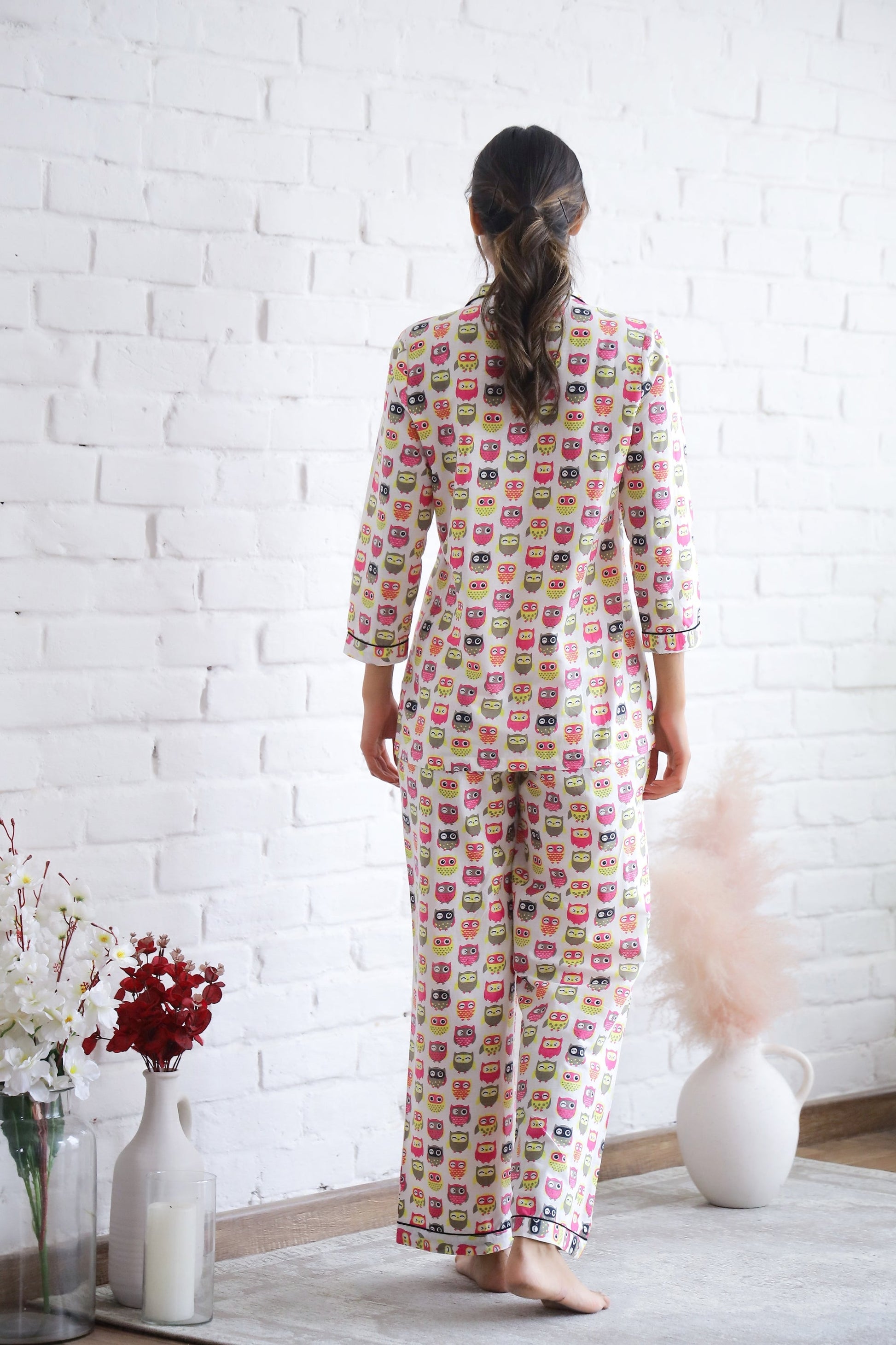 Owl Printed Cotton Night Suit | Co-Ord Set | Shop stylish women's clothing online at Label Flavia |