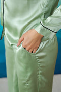 Green Satin Night Suit - Button-Down Shirt & Trousers | Co-Ord Set | Shop stylish women's clothing online at Label Flavia |
