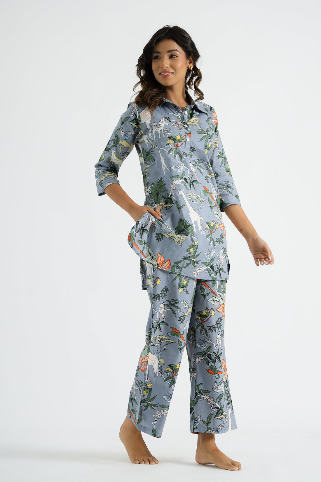 Grey Jungle Collared Cotton Lounge Co-Ord Set with 3 button | Co-Ord Set | Shop stylish women's clothing online at Label Flavia |