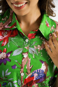 Parrot Green Chirping Birds Collared Cotton Lounge Co-Ord Set with 3 button | Co-Ord Set | Shop stylish women's clothing online at Label Flavia |