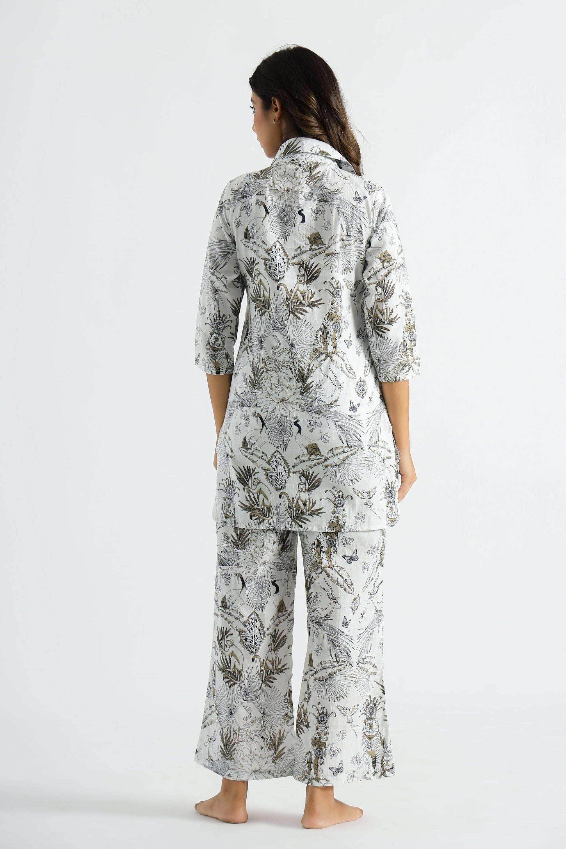 White & Gold Jungle Collared Cotton Lounge Co-Ord Set with 3 button | Co-Ord Set | Shop stylish women's clothing online at Label Flavia |