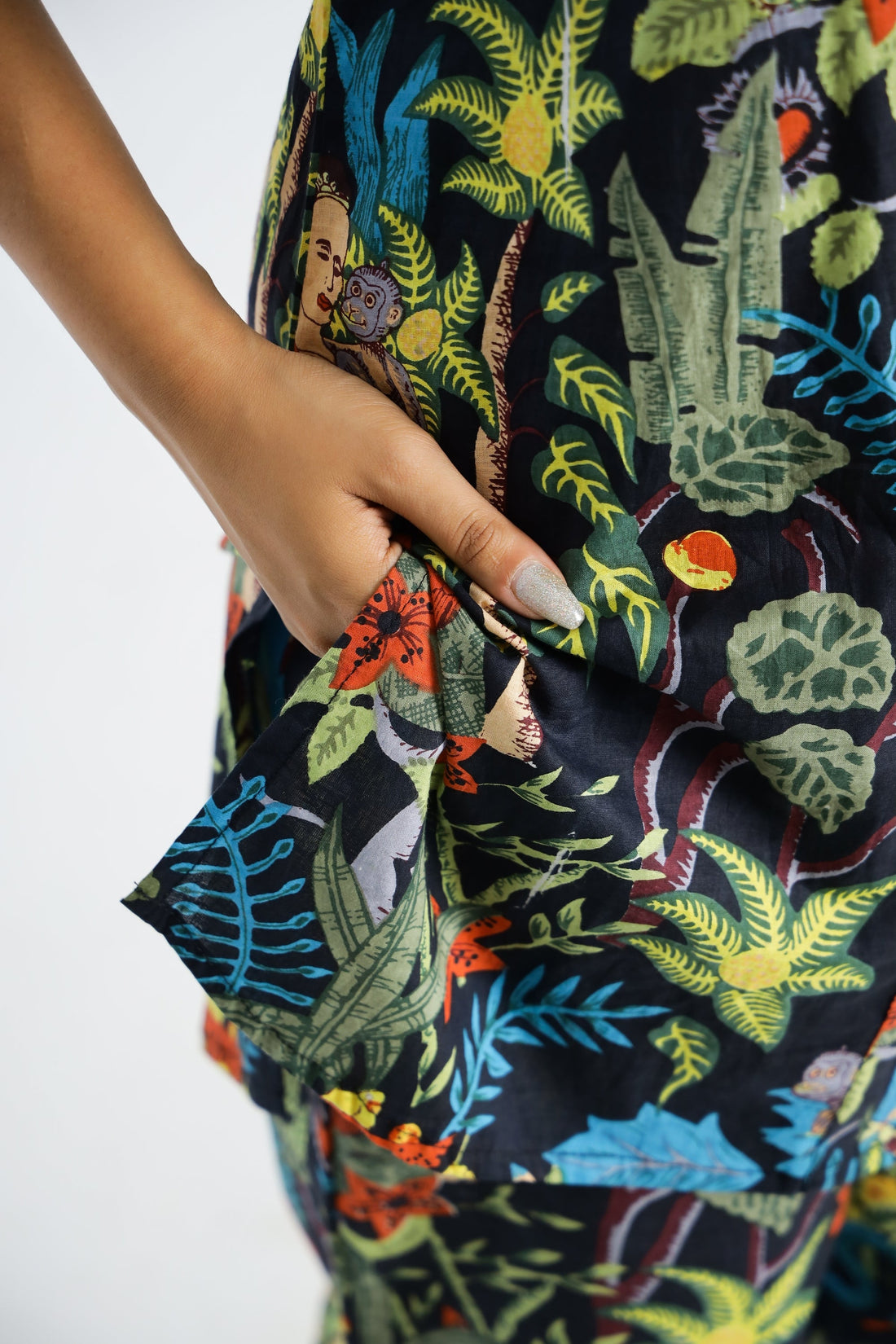 Lady In Jungle Black Collared Cotton Lounge Co-Ord Set with 7 button | Co-Ord Set | Shop stylish women's clothing online at Label Flavia |