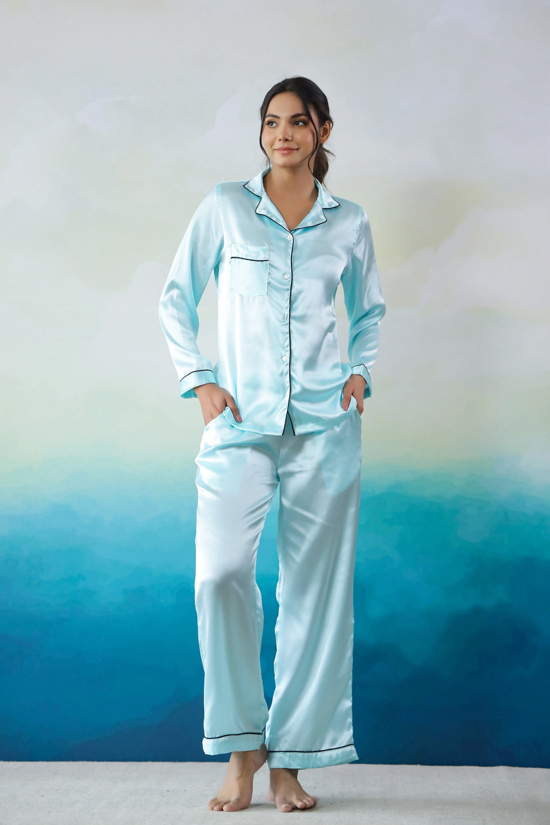 Sky Blue Satin Night Suit - Button-Down Shirt & Trousers | Co-Ord Set | Shop stylish women's clothing online at Label Flavia |